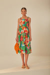 Cotton Square Neck Sleeveless Drawstring Floral Print Elasticized Waistline Evening Dress/Midi Dress