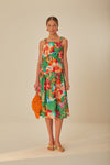Square Neck Floral Print Drawstring Elasticized Waistline Sleeveless Cotton Evening Dress/Midi Dress