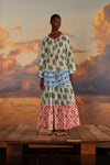 Long Sleeves Beaded Tiered General Print Round Neck Cotton Maxi Dress