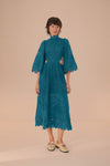 Sophisticated High-Neck Flutter Sleeves Floral Print Cutout Vintage Midi Dress