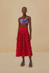 Red Daisy Flower Midi Skirt, Red / Xxs