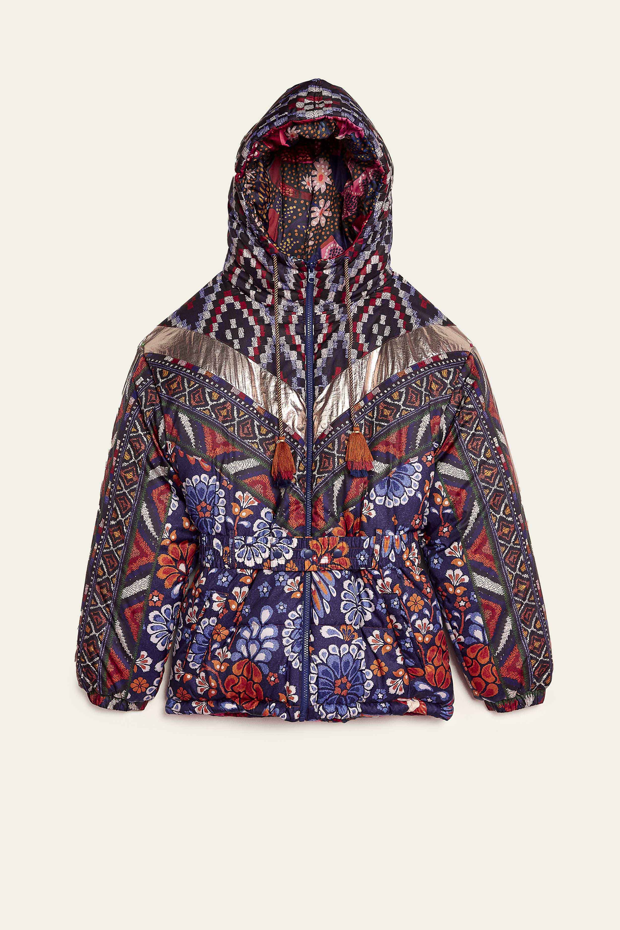 Navy Pineapple Flowers Recycled Polyester Reversible Puffer Jacket