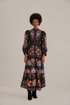 Button Front Pocketed Fall Winter High-Neck Long Sleeves General Print Maxi Dress