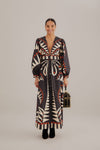 V-neck General Print Button Front Hidden Back Zipper Plunging Neck Puff Sleeves Sleeves Fall Winter Maxi Dress