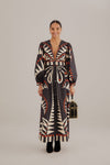 V-neck Fall Winter Puff Sleeves Sleeves Button Front Hidden Back Zipper General Print Plunging Neck Maxi Dress