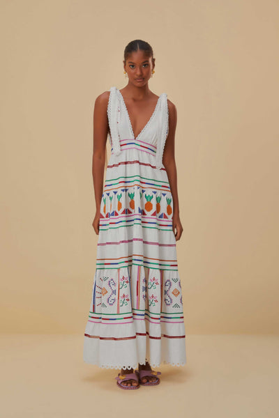 V-neck Flowy Tiered Embroidered Summer Maxi Dress
