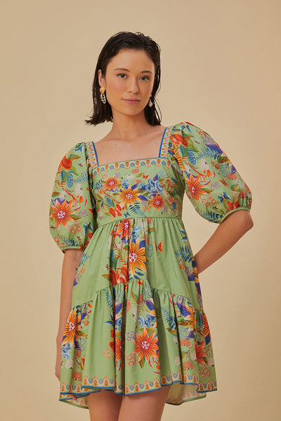 Cotton Floral Print Summer Puff Sleeves Sleeves Square Neck Short Dress