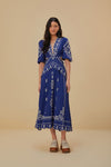 V-neck Hidden Back Zipper Embroidered Elbow Length Sleeves Midi Dress