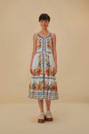 Sleeveless General Print Cotton Button Front Round Neck Midi Dress