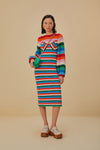 Round Neck Long Sleeves Striped Print Midi Dress