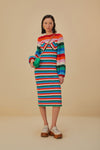 Round Neck Striped Print Long Sleeves Midi Dress