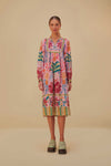 Sophisticated Tropical Print High-Neck Viscose Midi Dress
