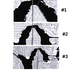 Image of three different map crops to illustrate options provided to customer for custom engraved map belt buckle