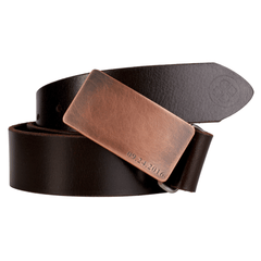 Custom engraved copper belt buckle on dark brown leather belt by Steel Toe Studios