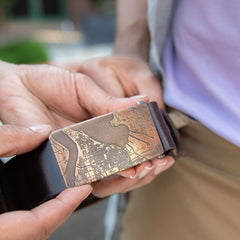 Custom bronze map belt buckle with Tacoma map