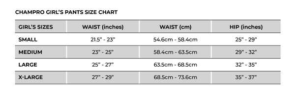 Champro Girl's Pants Size Chart_Base 2 Base Sports