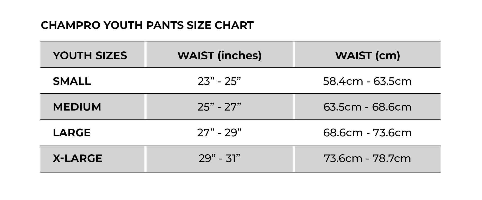 Youth Softball Pants Size Chart