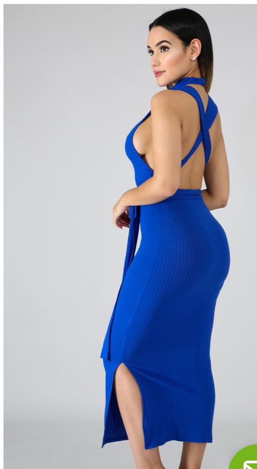 Blue devil | Mock neck tie back dress