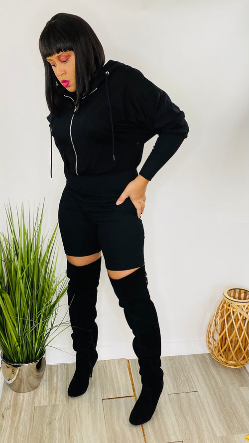 Take Control - black zip front hoodie romper