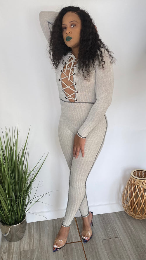 Friday Flex - oatmeal ribbed lace front jumpsuit