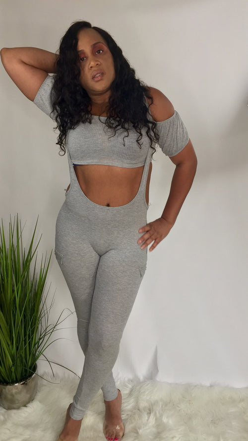 Camera Ready | grey overall crop top and jumpsuit