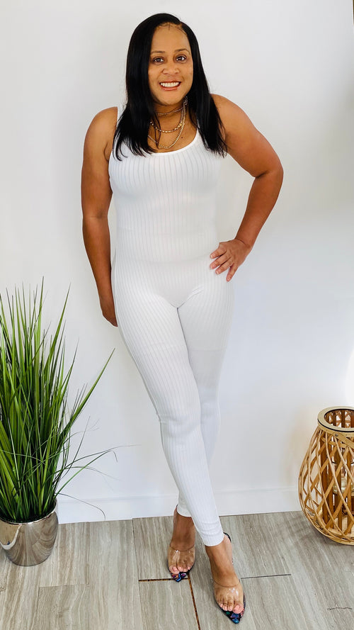 Go Figure | white ribbed bodycon jumpsuit