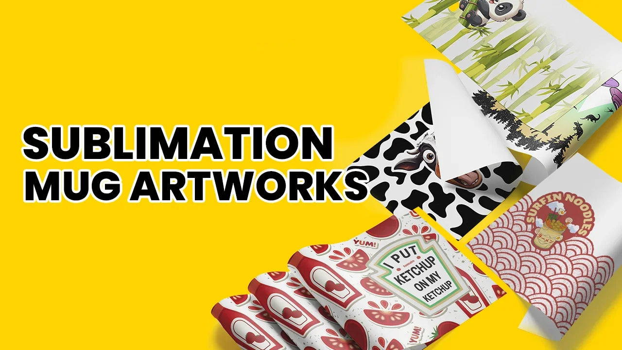 Sublimation mug artwork designs available for commercial licensing featuring various colorful patterns and graphics