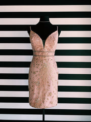 Picture of the dress described in the post. It is a blush short dress and it is on a black mannequin in front of XO's Striped wall.