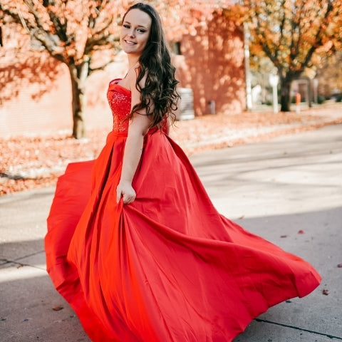 flowy red prom dress