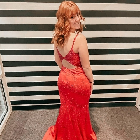 open back red prom dress