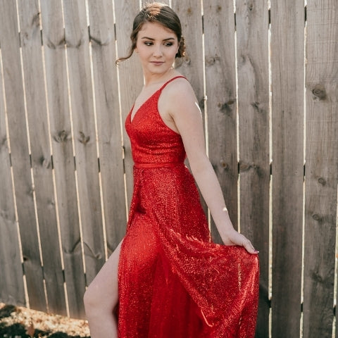 red prom dress with a slit