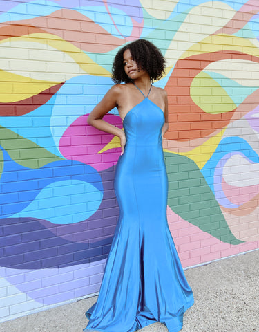 Blue mermaid prom dress with thin straps