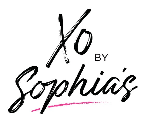 XO by Sophia's Logo. The writing is a black script and there is a hot pink underline under Sophia's.