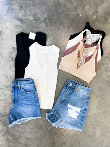 sweater tanks, bralettes, denim shorts