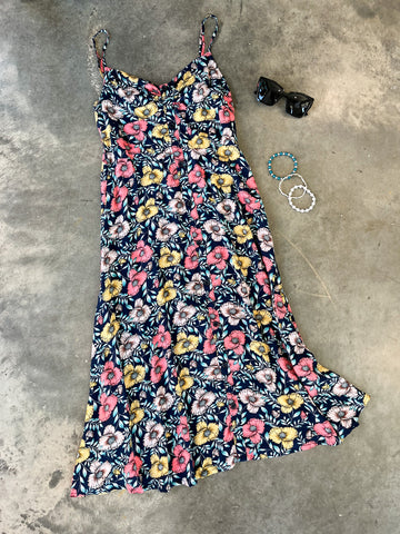 navy midi dress with pink floral print