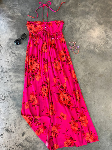 fuchsia floral halter maxi dress