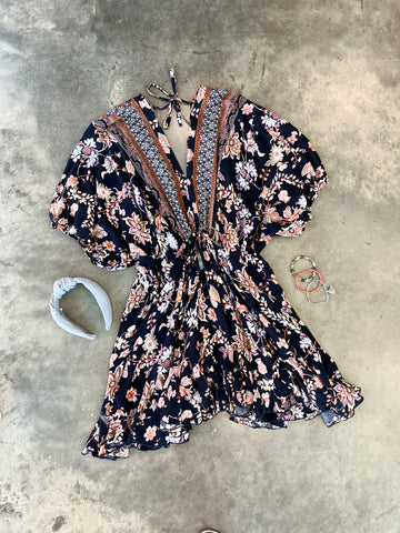 navy floral kimono sleeve short dress