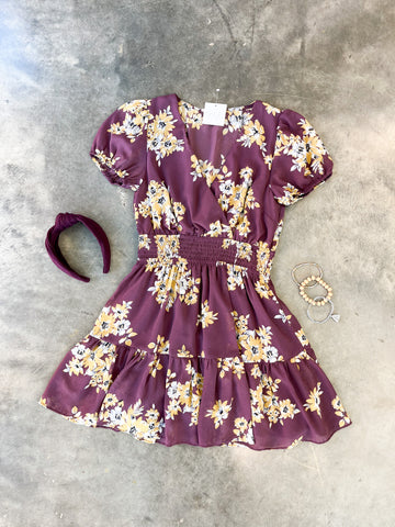 burgundy floral short fit and flare dress