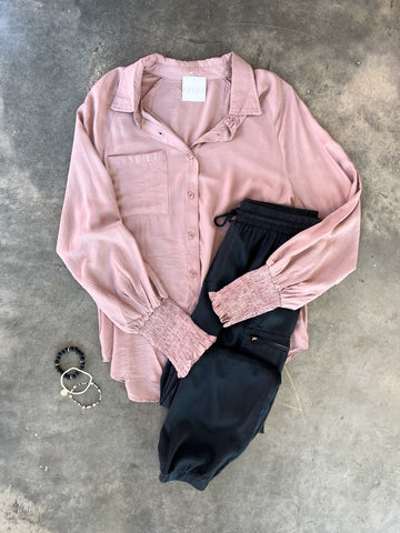 mauve smocked wrists button down top