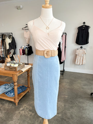 Mesh Bodysuit with Denim Midi Skirt and Raffia Belt