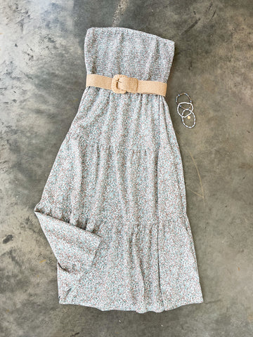 Strapless Floral Maxi Dress with Raffia Belt