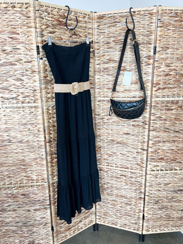 Black Strapless Maxi Dress with Raffia Belt