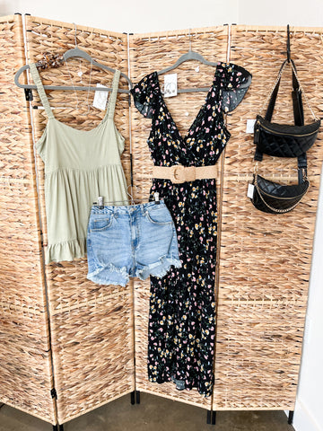 Black Floral Maxi Dress with Raffia Belt