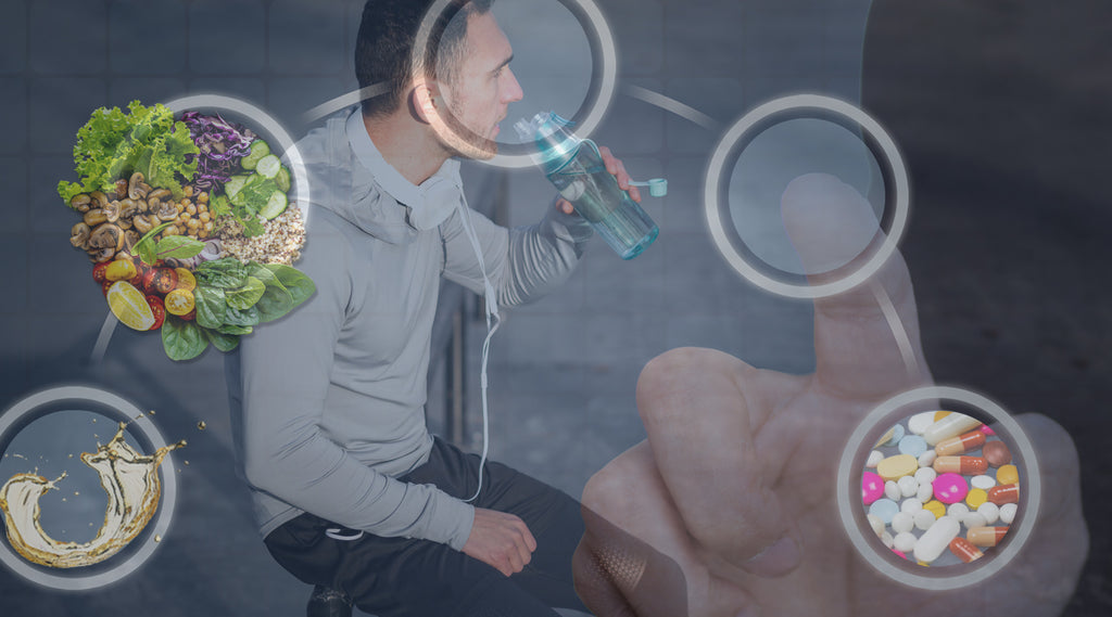 Man sitting with superimposed hand and 5 circle graphics around him representing different ways to keep the penis healthy