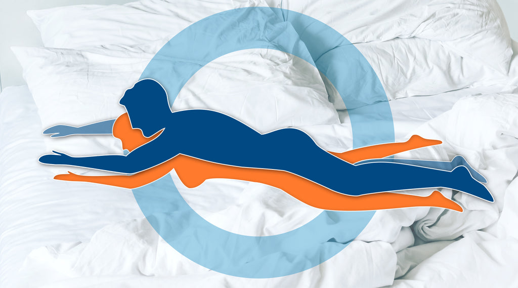 cartoon graphic of blue man and orange woman in spooning position with white bedding background graphic