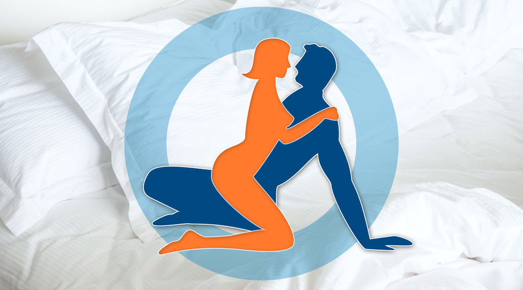 cartoon graphic of blue man and orange woman in woman on top position with white bedding background graphic