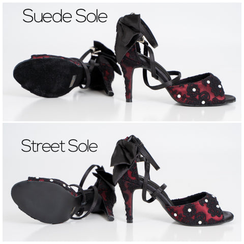 2 photos of red and black heels but with different suede and PVC street sole bottoms