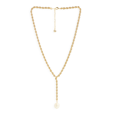 For a modern take on the classic pearl necklace, this lariat style flatters all your lower cut necklines (hello, holiday dresses!) with its Y-shaped rope chain and natural mother of pearl pendant. 

14k gold plated over brass, genuine pearl
Length: 16"
Drop: 3"
