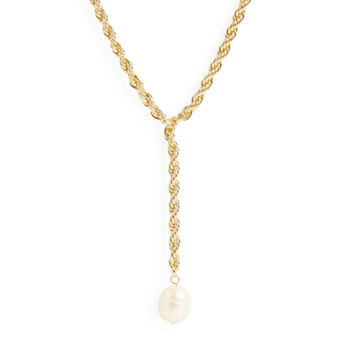 For a modern take on the classic pearl necklace, this lariat style flatters all your lower cut necklines (hello, holiday dresses!) with its Y-shaped rope chain and natural mother of pearl pendant. 

14k gold plated over brass, genuine pearl
Length: 16"
Drop: 3"
