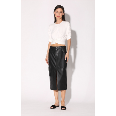 As cool as it is flattering, the Selene Skirt is a cargo update to 5 pocket midi skirt. Great for any occasion, make it casual with sneakers or dress it up with heels 
Details 

Button fly front closure
Mid rise
 Fitted waistband
 Faux front pockets
Functional back patch pockets
Belt loops

Fabric 

Leather
Shell: 100% Leather | Lining: 100% Polyester
Professional Clean Only

 View Size Chart 
Fulfilled by our friends at Walter Baker 

*Please Note: 

This item is not eligible for returns 
This item cannot be shipped outside the U.S.
